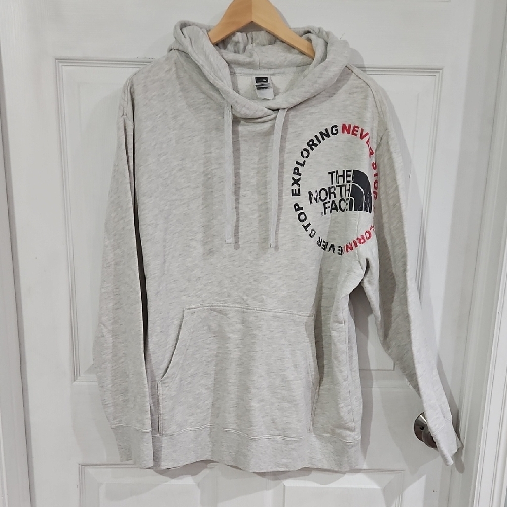 The North Face Light Gray Hoodie with Red Accents